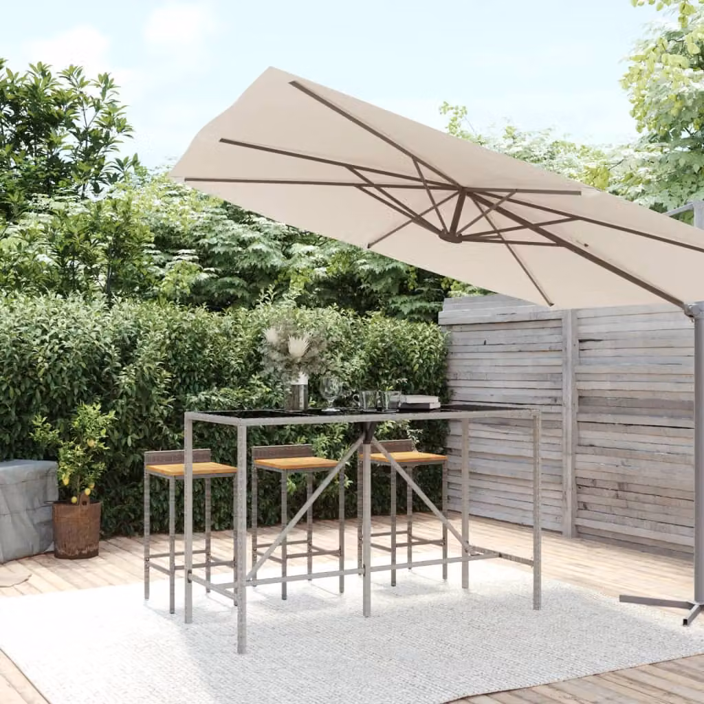 vidaXL Tavolo da Bar Moderno in Polyrattan con Piano in Vetro Grigio e Nero L: 180 cm, P: 70 cm, H: 110 cm