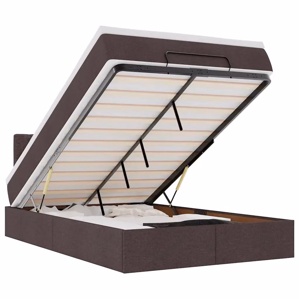 Letto con Pouf e Materasso vidaXL in Tessuto con Base a Sollevamento, Illuminazione Sottostante e Porte USB, L/P/H: 200 x 80 x 88 cm – 2