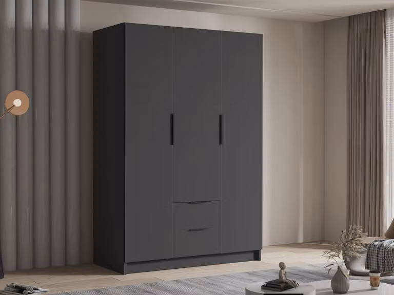 MIRJAN24 Armadio Calwi I 150, camera da letto, armadio ad ante battenti, con asta appendiabiti, moderno, armadio, maniglie in metallo (colore: nero + nero)