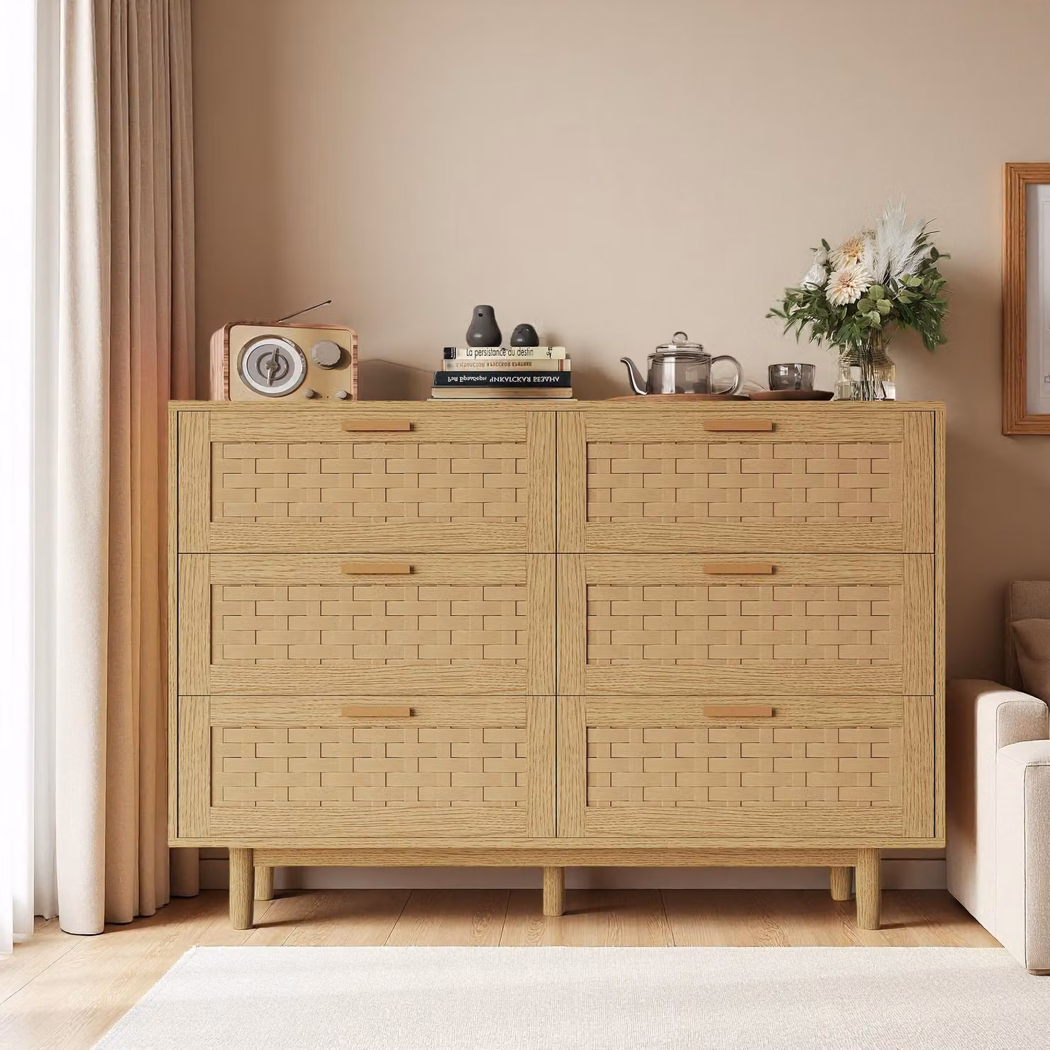 UnboxG Comò in legno massello di rovere 115x40x80 cm – 6 cassetti, comò o comodino con ampio spazio contenitivo