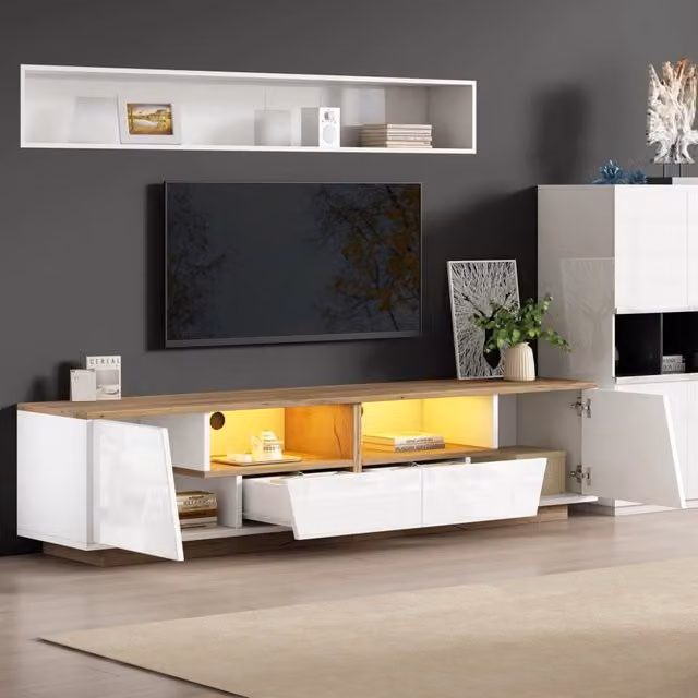 Mobile TV WISHDOR moderno con illuminazione LED integrata, design lucido con 2 cassetti e 2 armadi, colore bianco e legno naturale, L/P/H: 180 x 40 x 46 cm