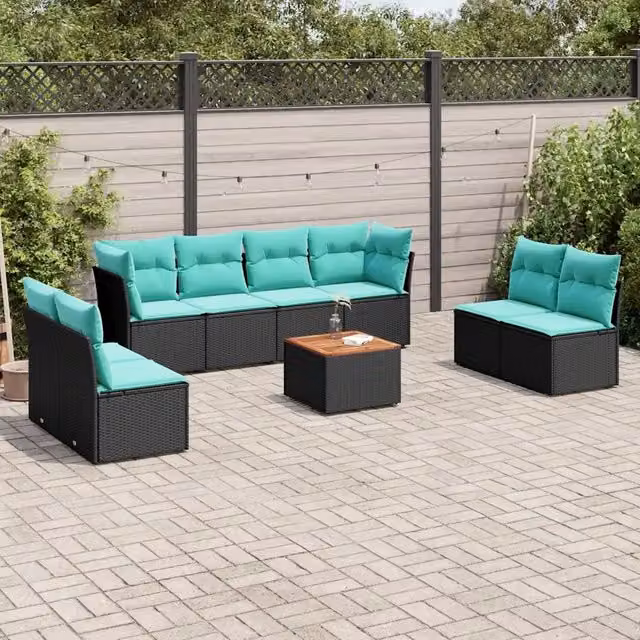 Set Divani da Giardino 9 pz con Cuscini Nero in Polyrattan 3255910
