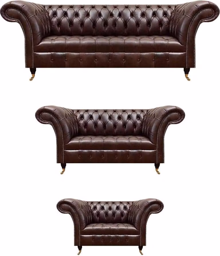Dunkelbraune Chesterfield Couchgarnitur Ledersofas Designer Sessel 3tlg