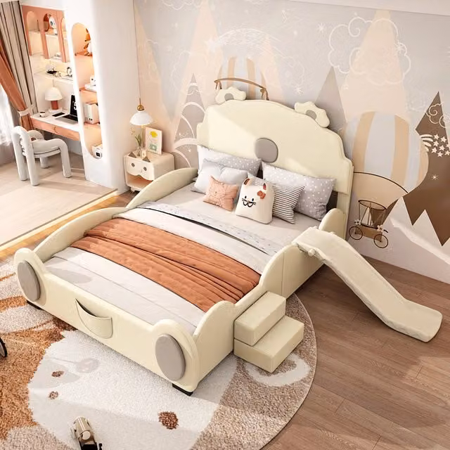 Letto per bambini con scivolo - Xylo - 140x200 cm - Beige - Orso e scala in PU