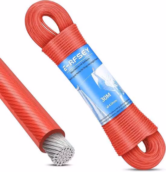 Tiro a fune in acciaio - Portata 220 kg - 30 m - Rosso - Acciaio da 4 mm