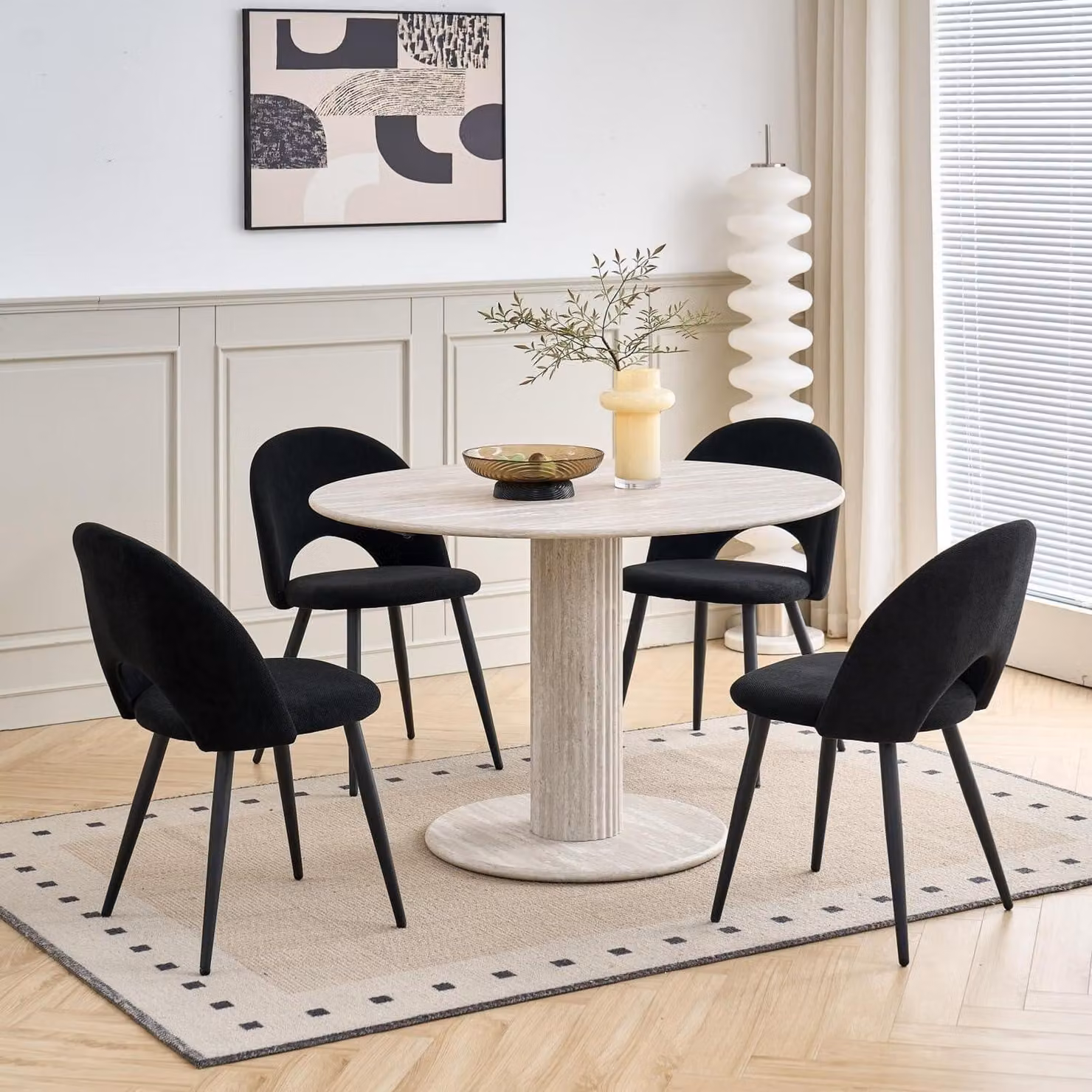 Set da pranzo: tavolo rotondo con diametro di 115 cm e 4 sedie rivestite in tessuto, colore grigio e nero