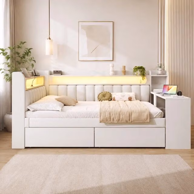Letto Giorno REDOM Bianco con scrivania, cassetti, porta USB e illuminazione LED L/P: 140 x 200 cm