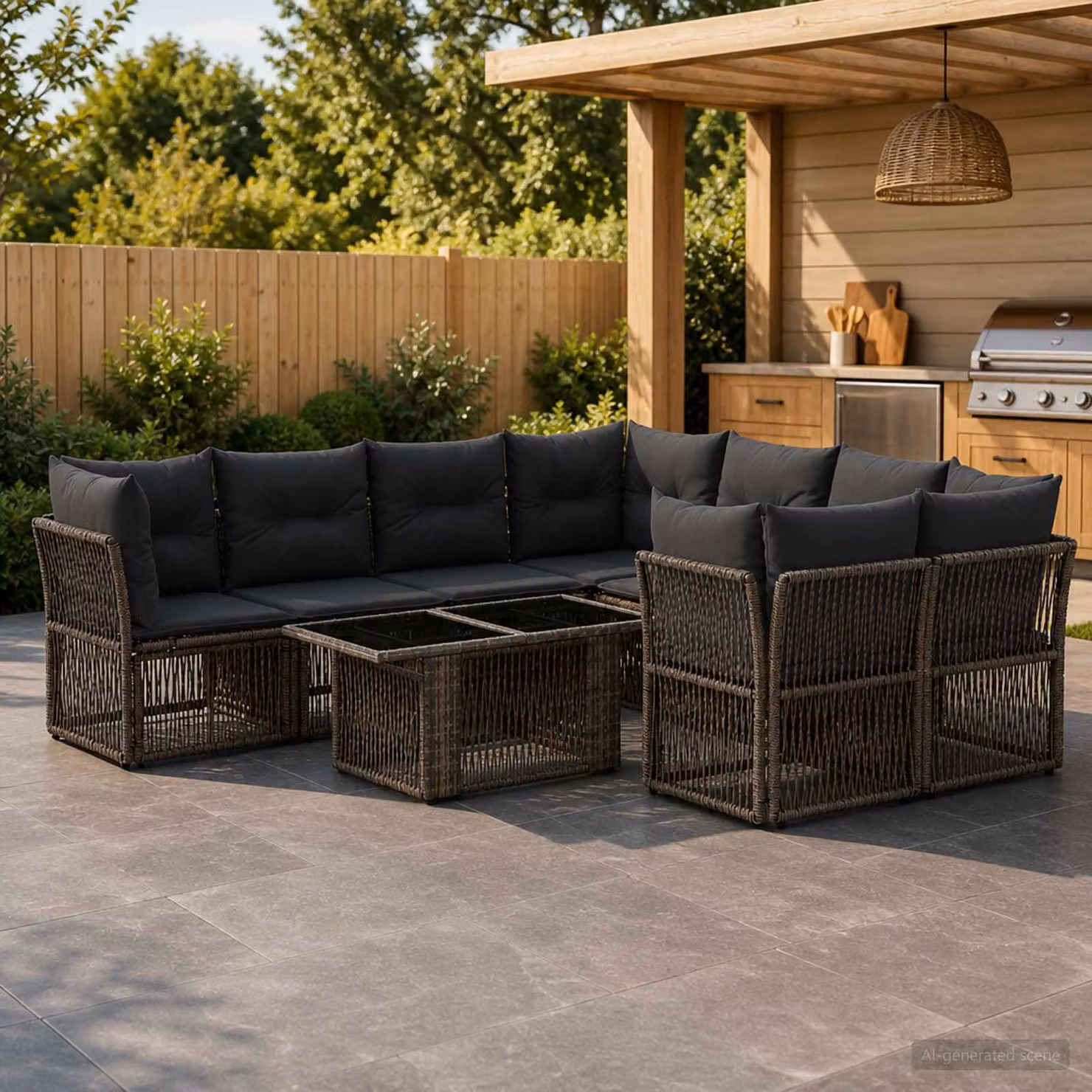 Set Divano da Giardino Moderno vidaXL in Polyrattan Grigio con Tavolino e Cuscini a Forma di U