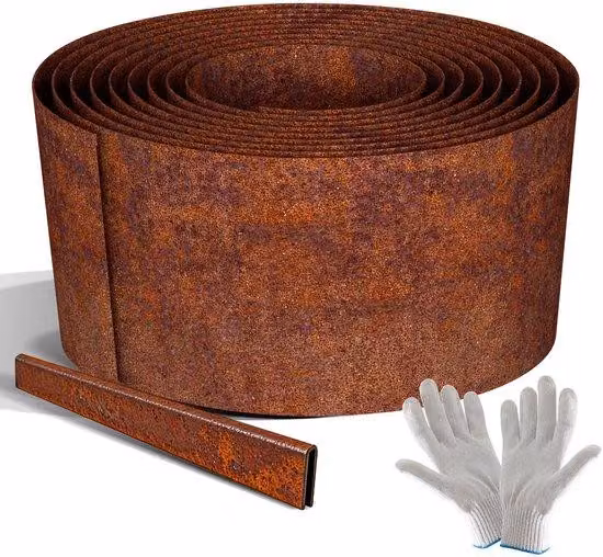 Recinzione da giardino resistente in acciaio zincato, 50 m x 15 cm; bordura da giardino resistente alle intemperie per vialetti e bordi del prato, color ruggine