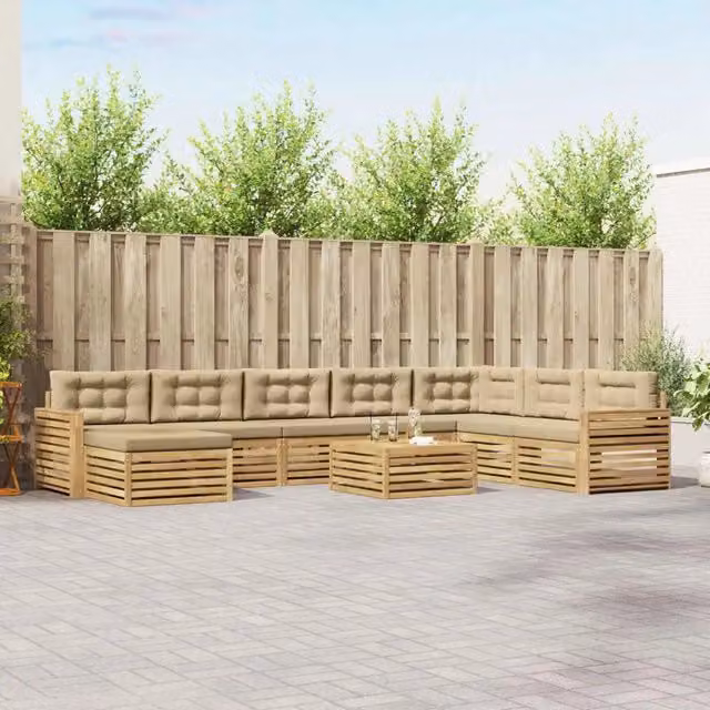 Set di divani da esterno a L vidaXL in legno di acacia con cuscini Bianco e Beige