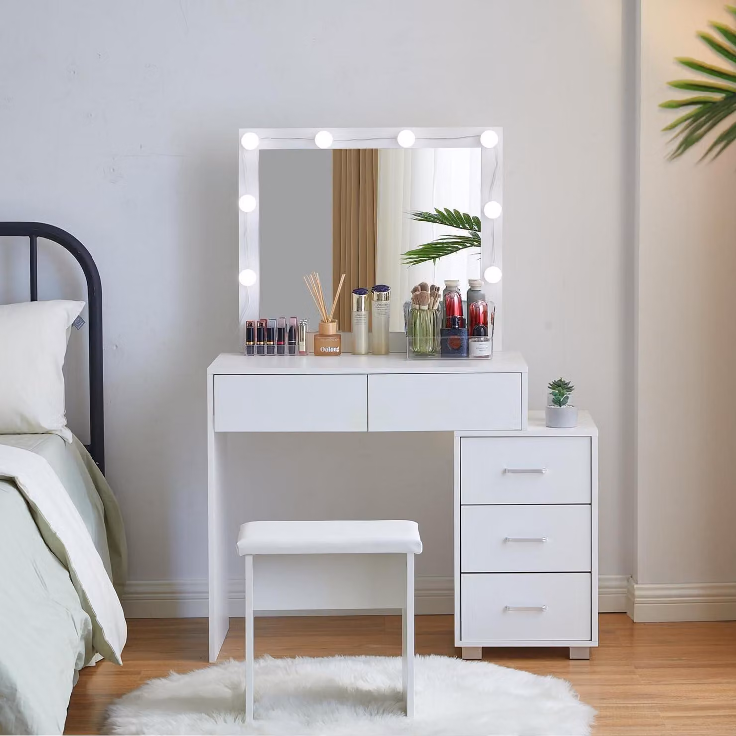 Comò da trucco con illuminazione, specchio, sgabello, 5 cassetti, bianco, 80x40x135 cm