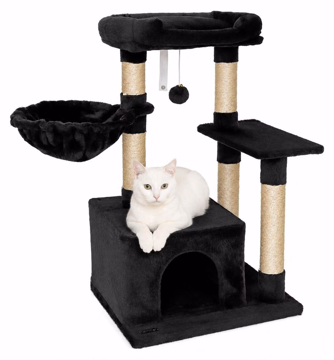 tiragraffi compatto lionto 85 cm, albero per gatti salvaspazio con palla da gioco, tronco in sisal e superficie tiragraffi, nero