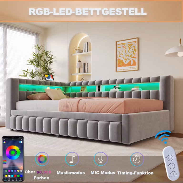 letto imbottito okwish 90×200 con illuminazione a LED, divano letto estraibile, letto matrimoniale con motivo classico a righe, struttura letto in legno con porta di ricarica USB, grigio inferno, senza materasso
