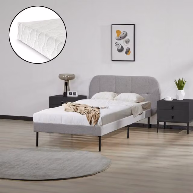Letto Singolo Porvoo en.casa con Testiera e Materasso in Tessuto Grigio L/P/H: 90 x 200 x 110 cm