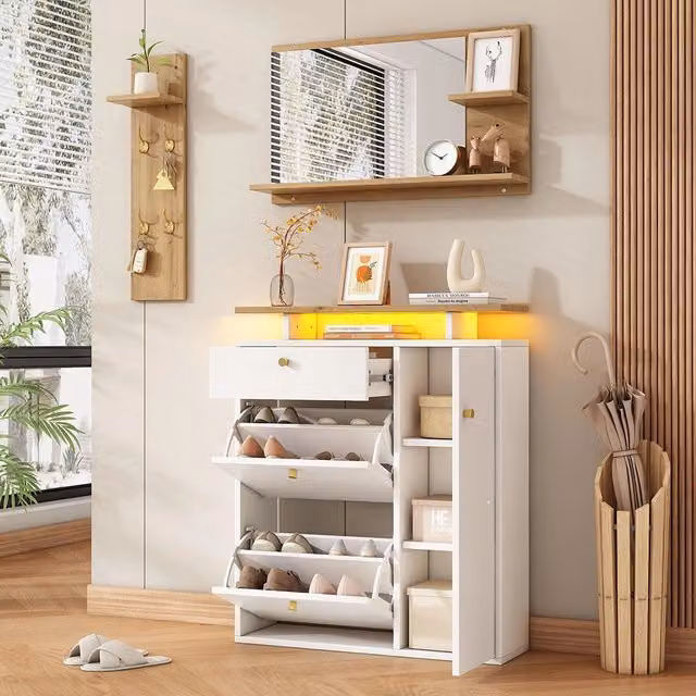 Set ingresso 3 pezzi - Xylo - Specchio, porta cappelli, armadio scarpe - LED, 4 ganci - Naturale o bianco - 105x25x151,5 cm