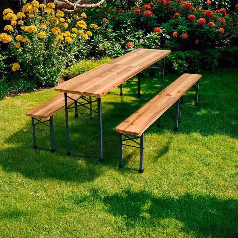Set da birreria pieghevole Ralf di TecTake composto da tavolo e 2 panche in legno di abete e acciaio, marrone, L: 220 cm