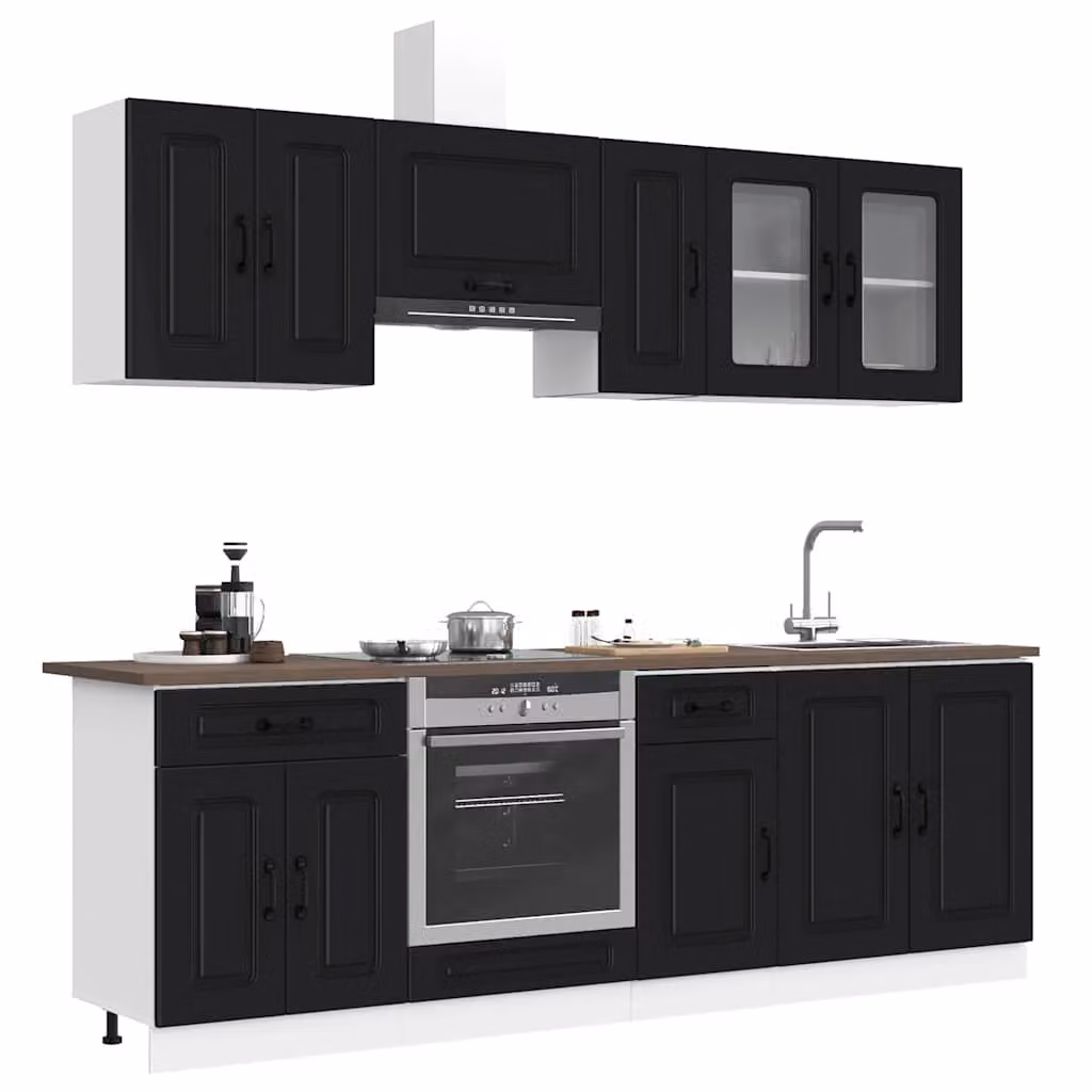 Set di mobili da cucina moderno vidaXL Kalmar composto da 8 pezzi in legno multistrato e vetro, colore nero opaco, L/P/H: 246,0 x 46,0 x 81,5 cm