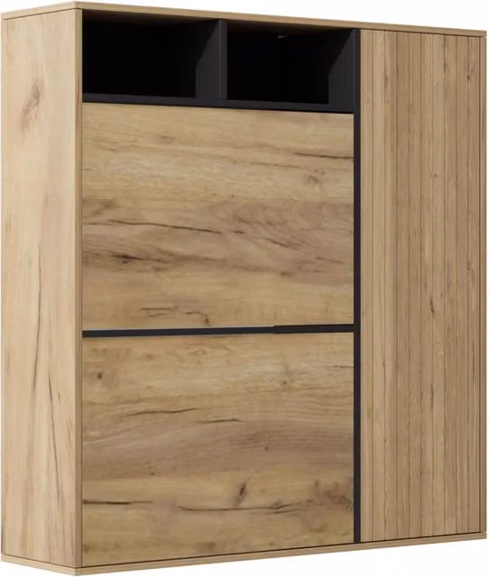Armadio scarpiere sottile con 2 ribalte e 1 anta, ripiani regolabili, design legno e nero, 90x24x94 cm