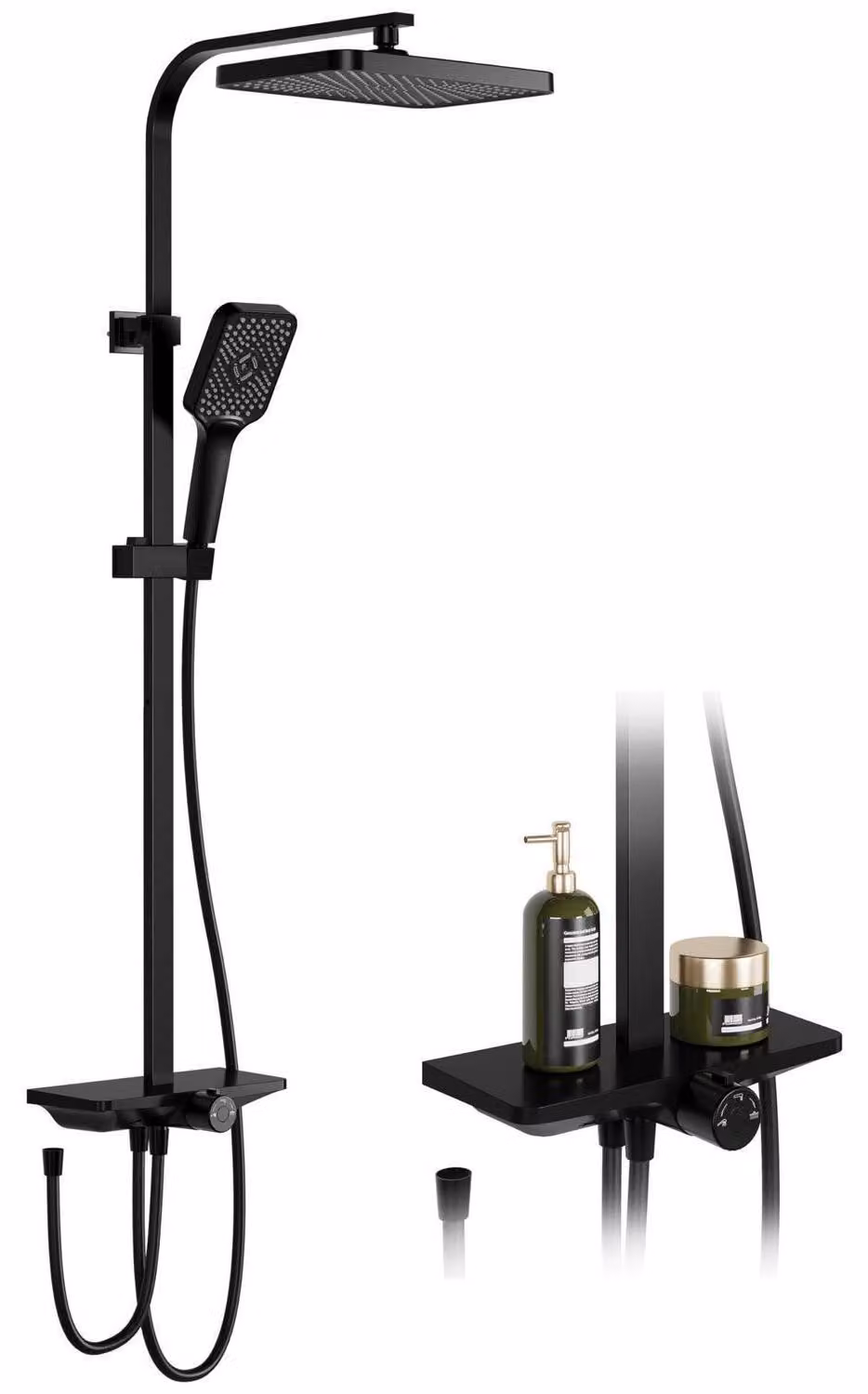 Sistema doccia Regendusche con ripiano, acciaio inossidabile, regolabile, colore nero, dimensioni 30x20,5 cm