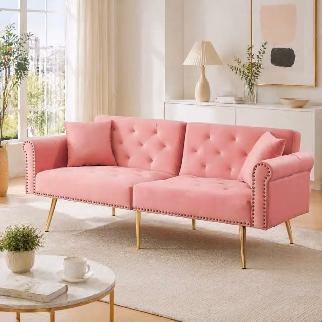 Divano letto 2 posti in velluto rosa con schienale regolabile e piedi metallici dorati