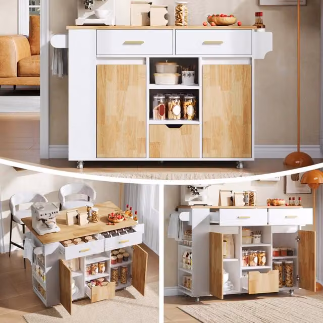 Isola cucina mobile con piano ribaltabile in MDF; 3 cassetti; ruote bloccabili; 120 x 45-71 x 90 cm; bianco e legno