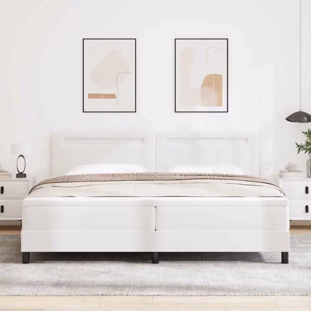 Letto a molle con testiera vidaXL in pelle sintetica bianca con illuminazione sottostante e porta USB, L/P: 200 x 200 cm, H: 280 cm