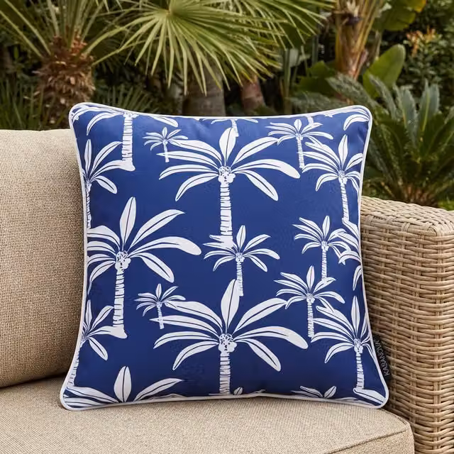 Cuscino arredo KASANOVA idrorepellente con motivo floreale palme blu L 50 cm x P 50 cm