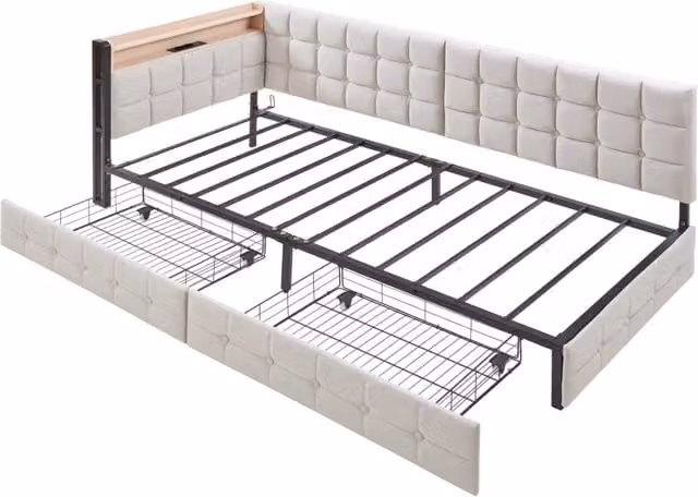 Divano letto singolo 90x200 cm con 2 cassetti; LED; USB e USB-C; beige