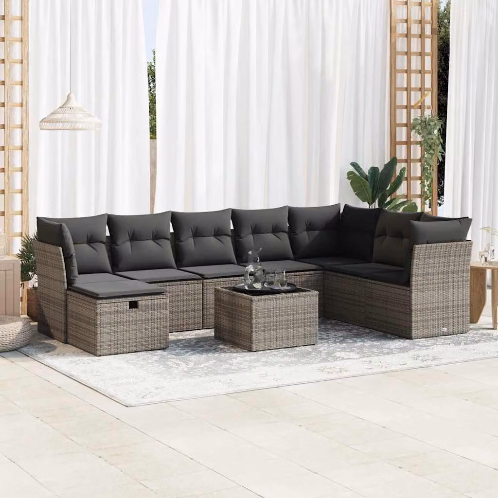 Set Divano da Giardino vidaXL 9 pz in Polyrattan Grigio con Cuscini e Tavolino
