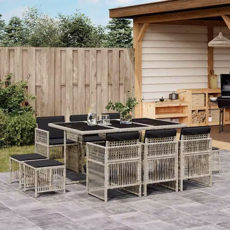 Set Pranzo da Giardino vidaXL in Polyrattan con Cuscini e Piano in Vetro, 11 Pezzi, Grigio Antracite