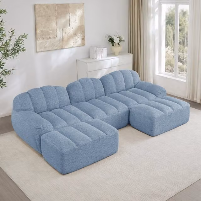 Divano modulare configurabile a U; L o 3 posti in fleece granulato blu