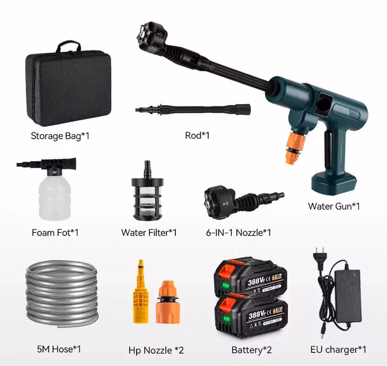 Idropulitrice - Pulitore per terrazze - Idropulitrice portatile - Pistola a spruzzo - 6 in 1 - Senza fili - 200 bar - 3500 W