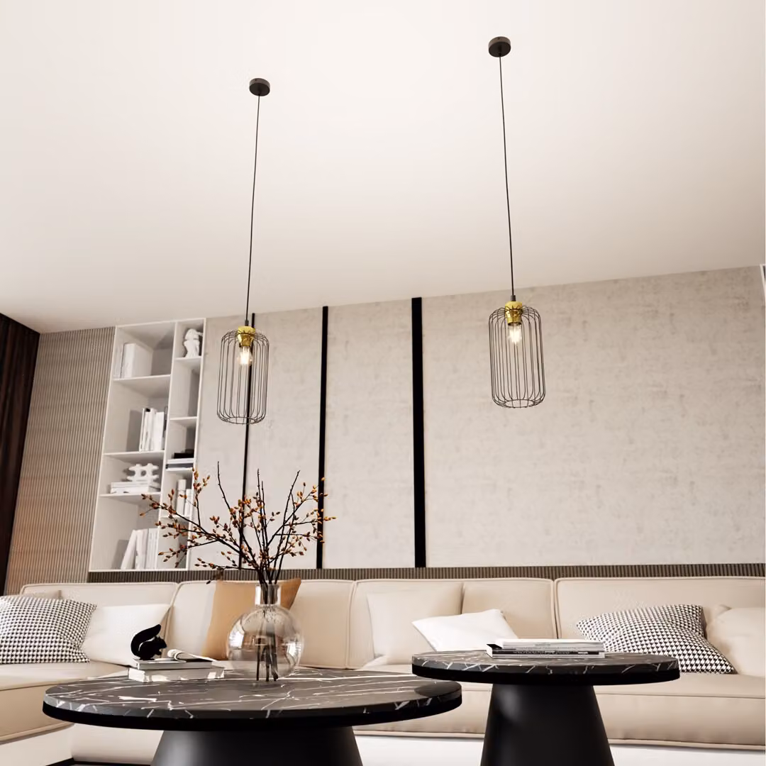 Lampada a sospensione industriale ovale con paralume in filo metallico nero e oro, regolabile, VANDER 1xE27 15W Emibig