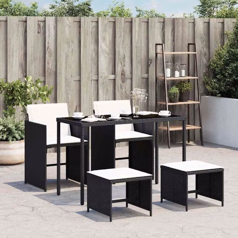 Set da pranzo da giardino vidaXL in polyrattan nero con tavolo in vetro e 5 sedie con cuscini