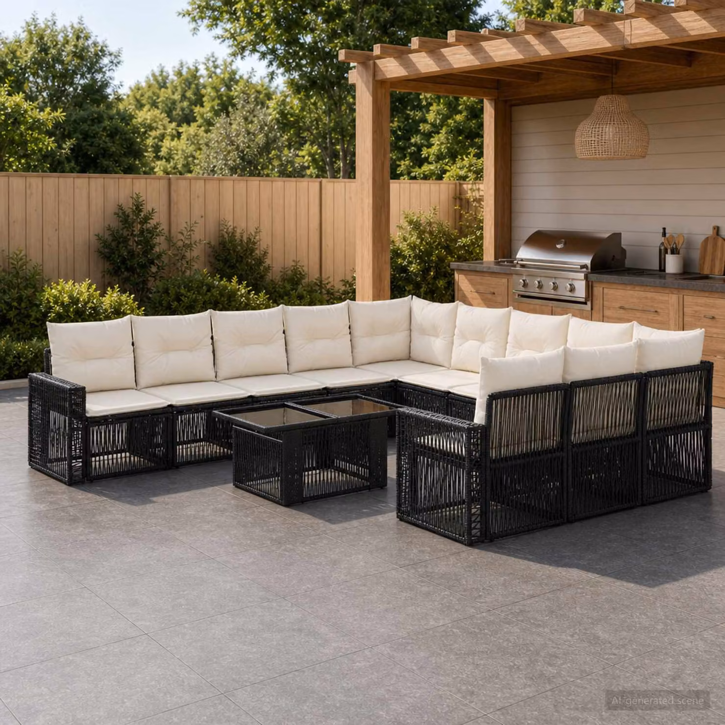 Set Divano da Giardino Moderno vidaXL in Polyrattan, 12 Pezzi, Nero e Bianco Crema
