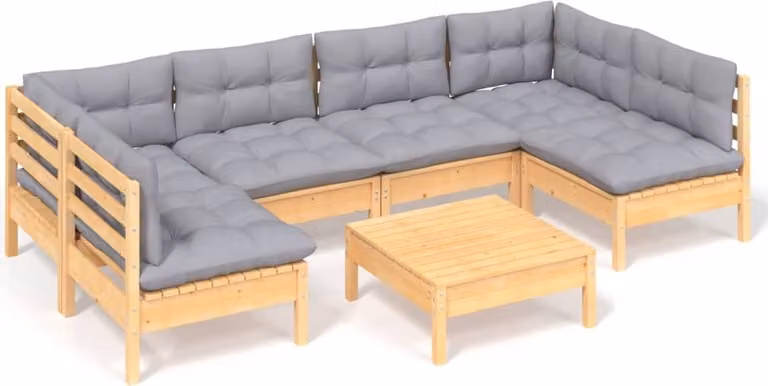 Set Divani da Giardino 7 pz con Cuscini Grigi Massello di Pino