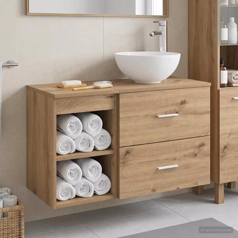 Set di mobili da bagno moderni vidaXL composto da mobile lavabo e pensile a parete in legno marrone con cassetti e ripiani interni