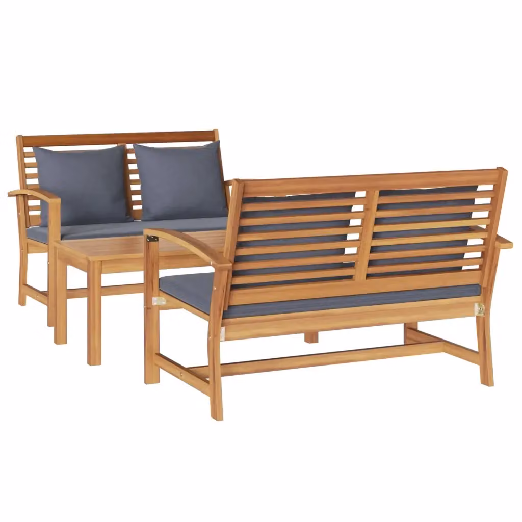 Set Divano da Giardino vidaXL in Legno di Teak Solido con Tavolino e Cuscini, 3 Pezzi, Marrone e Grigio – 2