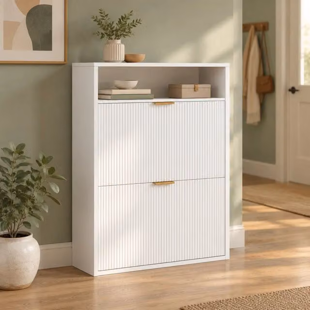 Mobile portascarpe bianco 80x24x102,5 cm – 2 ante a ribalta e ripiano aperto