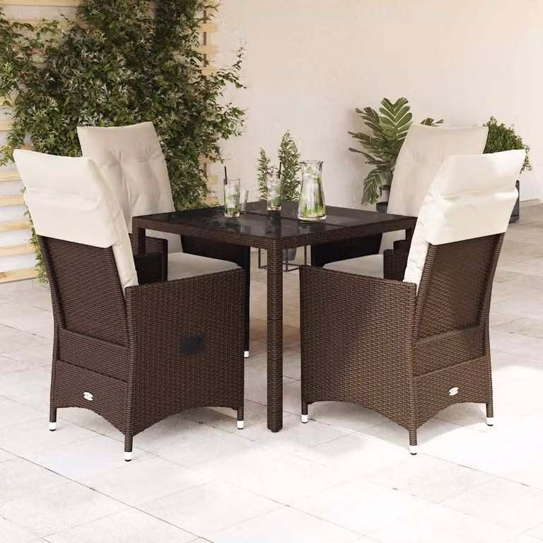 Set da Pranzo da Giardino 5 Pezzi vidaXL in Polyrattan Marrone con Cuscini Bianchi e Tavolo in Vetro