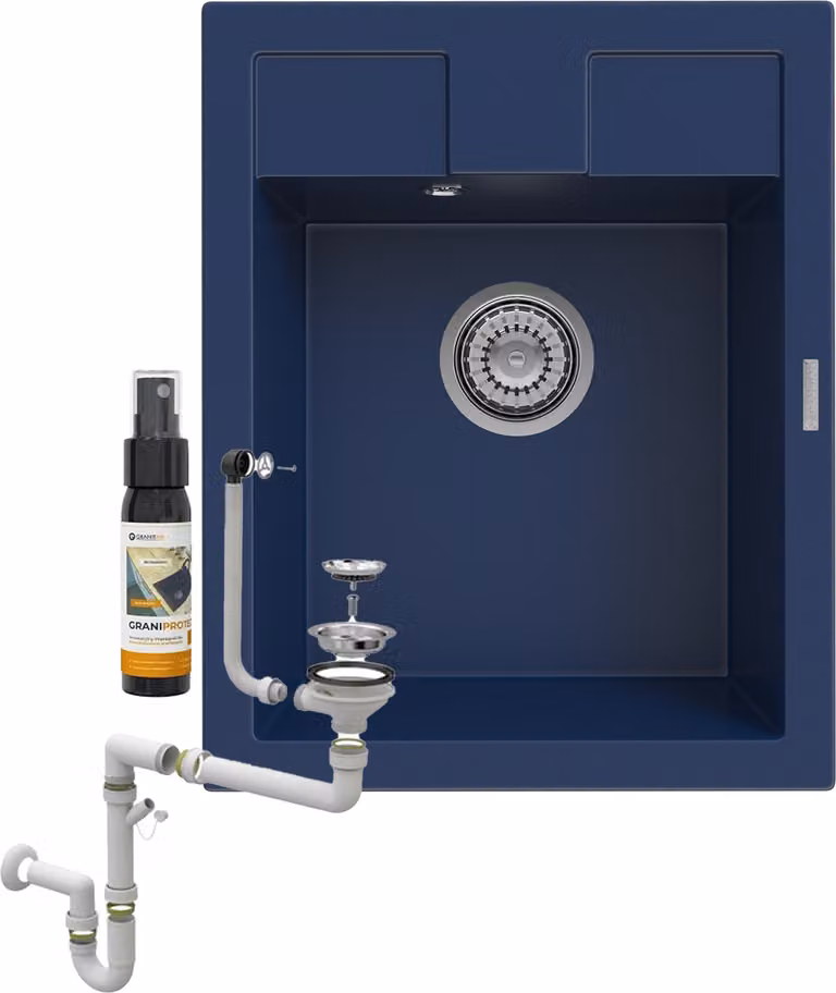 Granitan - Lavello in granito - Lavandino 50x40 cm - Lavello cucina blu - con sifone blu navy - BEST