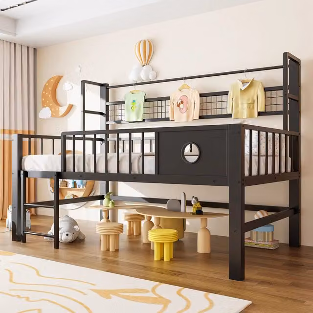Letto a soppalco basso per bambini OKWISH con ripiano e scomparti laterali, nero, L/P/H: 200 x 90 x 125,5 cm