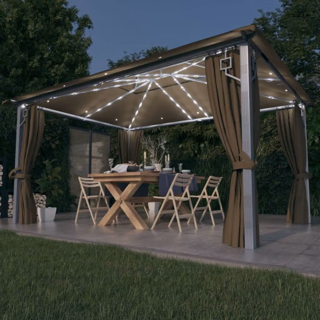 The Living Store Padiglione con tende e luci a LED 400x300 cm Alluminio grigio