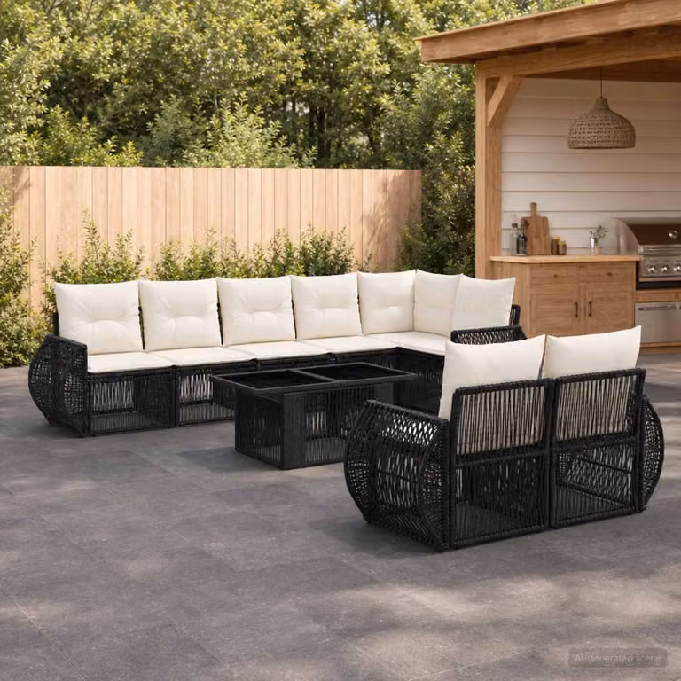 Set Divano da Giardino vidaXL 9 pz a Forma a U con Polyrattan e Cuscini, Nero e Bianco Crema