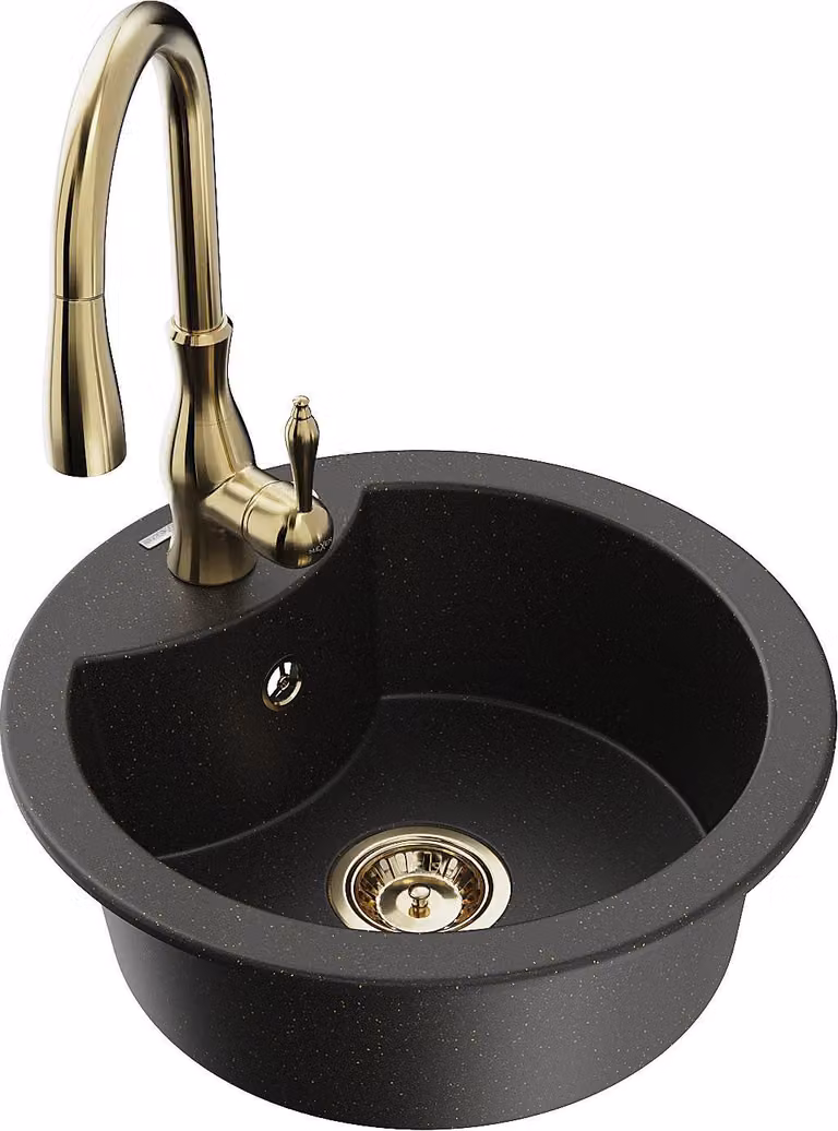 Mexen Diego lavello in granito a 1 vasca con miscelatore da cucina Savita, nero/oro metallizzato - 6512-75-672601-50