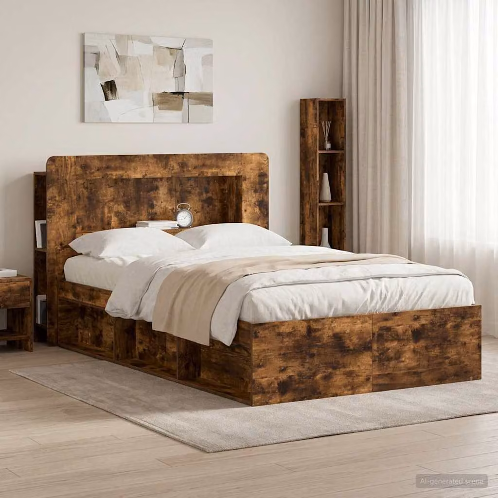 Testata del letto moderna vidaXL in legno ingegnerizzato Rovere Fumo con ripiani integrati, L: 135,0 cm, H: 100,0 cm, P: 20,13 cm