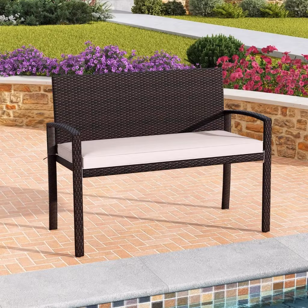 Panchina da esterno Outsunny in rattan e metallo con schienale e braccioli per giardino e terrazzo, 2 posti, Bianco – 2