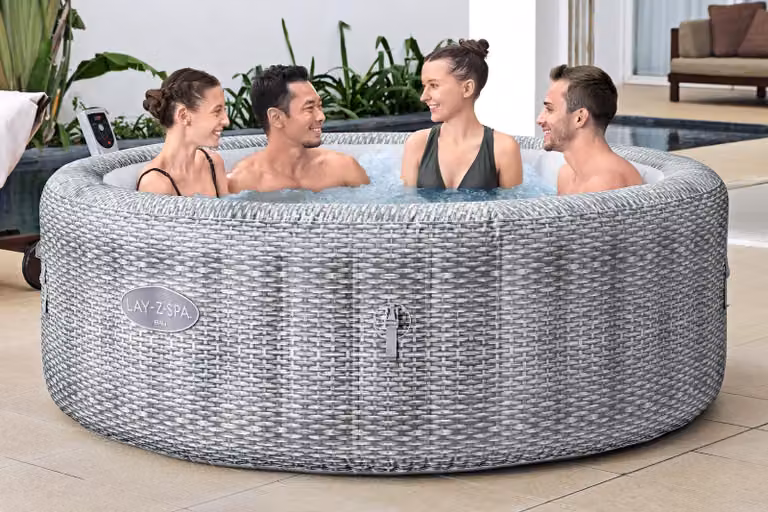 Idromassaggio Bestway® LAY-Z-SPA® a risparmio energetico Bali AirJet™ con controllo tramite app + gruppo pompa UltraFit™ integrato, per 6 persone Ø 196 x 71 cm, look rattan (grigio chiaro)