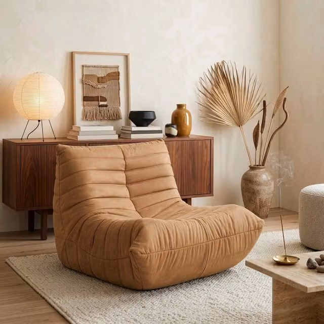 Poltrona Bassa Imbottita Kodsø en.casa con Rivestimento in Microfibra Marrone L: 75 cm, P: 90 cm, H: 100 cm
