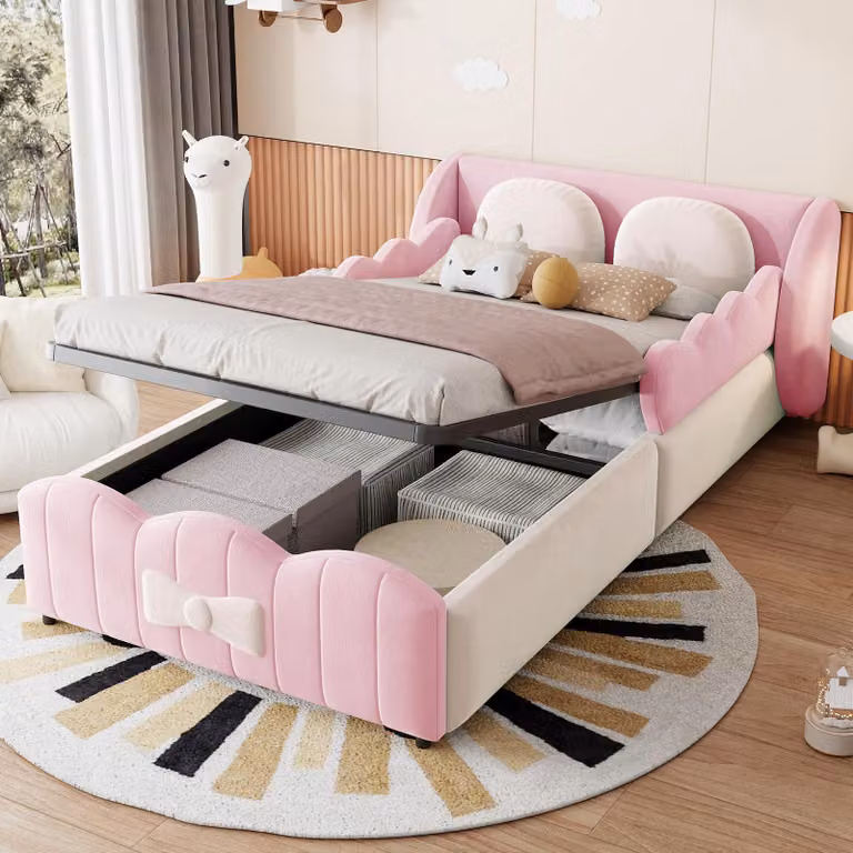 Letto imbottito Merax 90x200 cm con spazio contenitore a sollevamento idraulico, letto per bambini a una piazza con rivestimento in velluto, letto contenitore con 2 cuscini decorativi, design a forma di ali, colore rosa